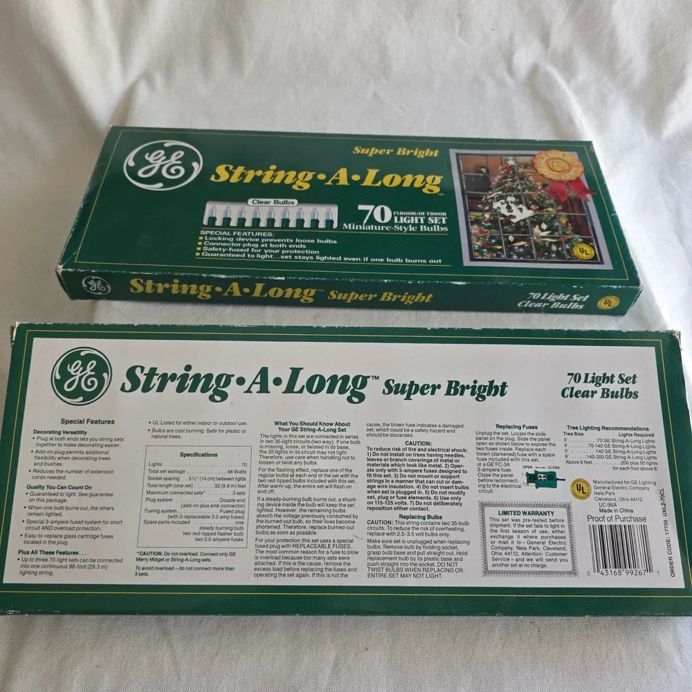 VTG GE String-A-Long Super Bright 70 Light Set Clear Bulbs. 2 Box Lot. New NOS